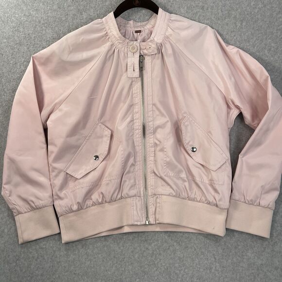 Free People Womens Size M Pink Bomber Jacket Full Zip Button Pockets - Picture 3 of 16